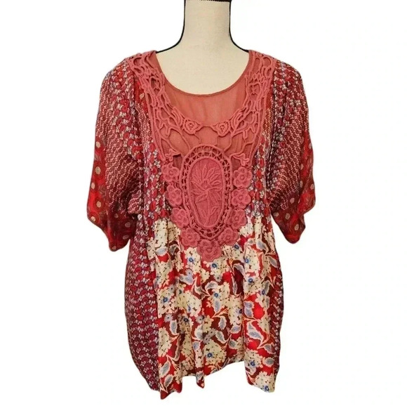 Johnny Was Silk Mixed Media Floral Red Top - Picture 1 of 9